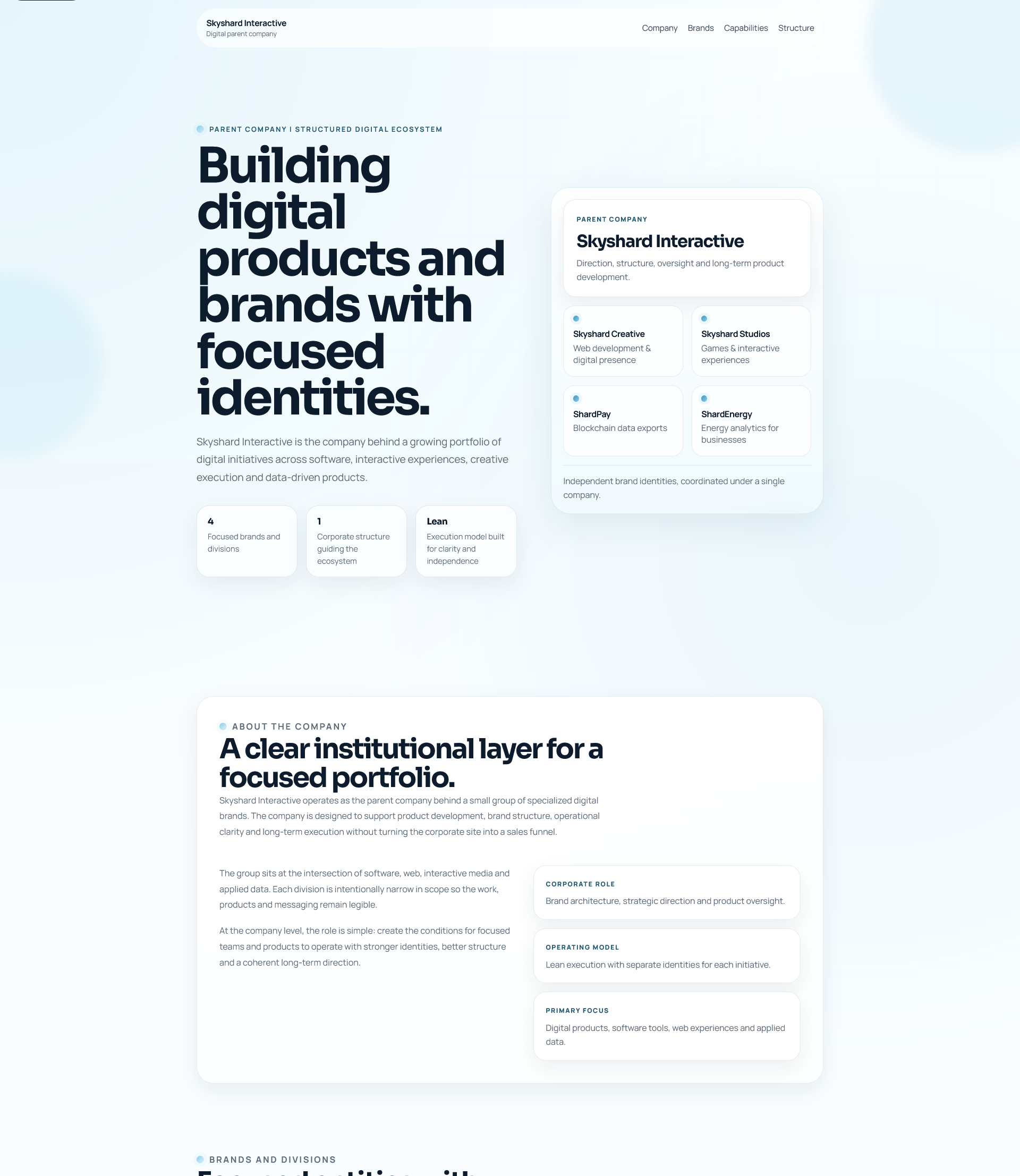 Desktop and mobile mockups of the Skyshard Interactive institutional website